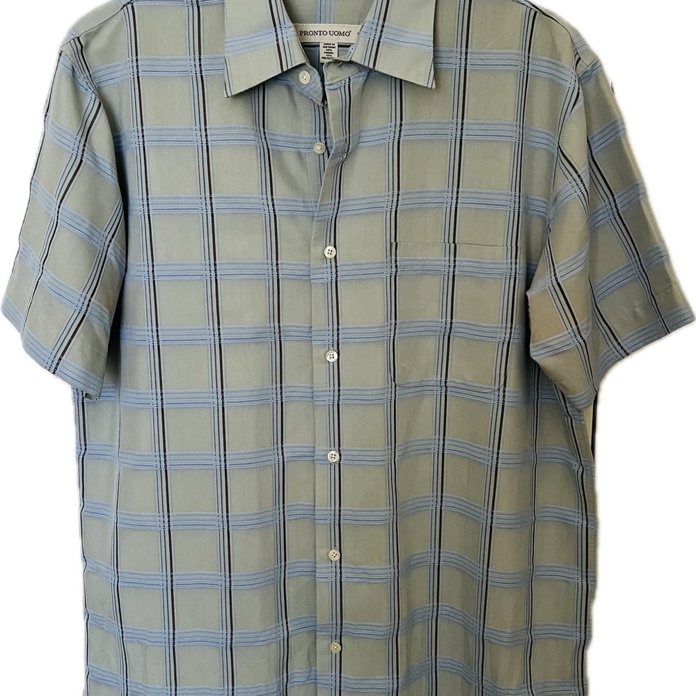 Pronto Uomo Casual Short Sleeve Blue and Light Green Button Down Shirt